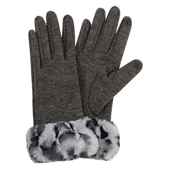 Gray Tech Gloves with Leopard Faux Fur Cuff Adult One Size NEW - Picture 1 of 5